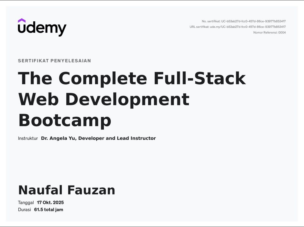 The Complete Full-Stack Web Development Bootcamp certificate